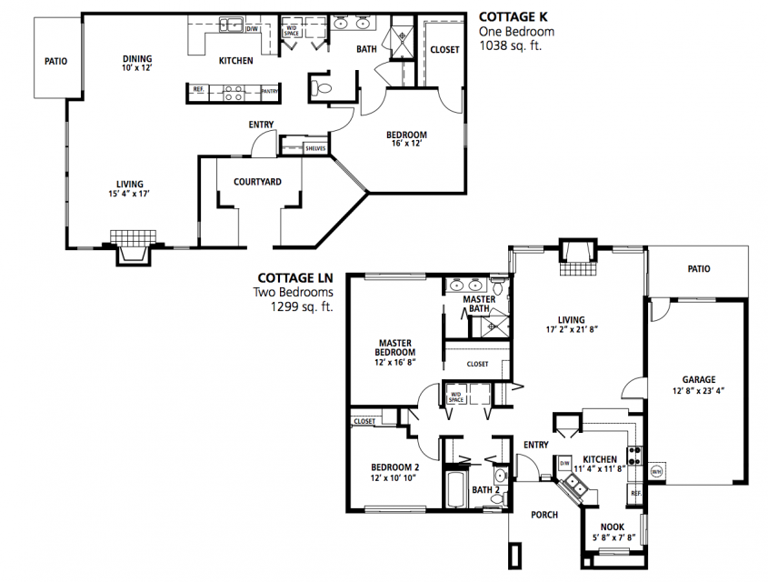 Floor plans for Cottage K one-bedroom 1038 sq. ft. and Cottage LN two-bedrooms 1299 sq. ft.