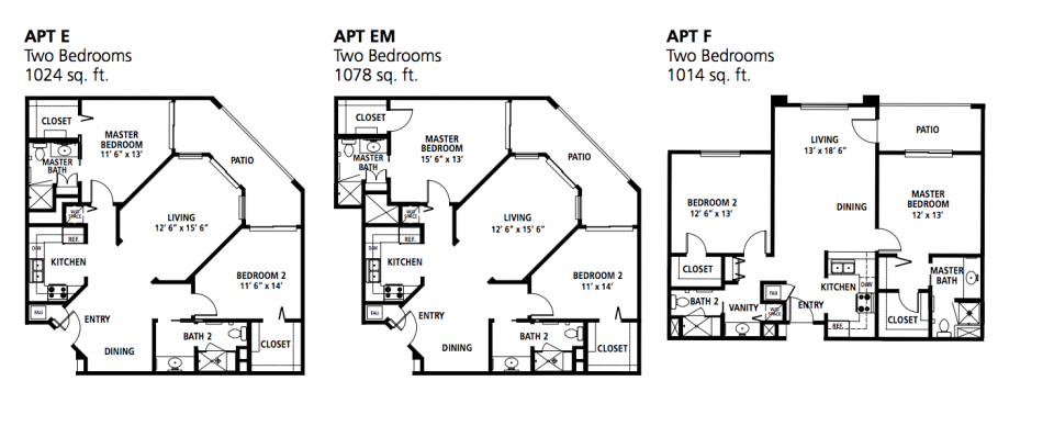 Floor plans for Apartment E two-bedroom 1024 sq. ft., Apartment EM two-bedroom 1078 sq. ft. and  Apartment F two-bedroom 1014 sq. ft.