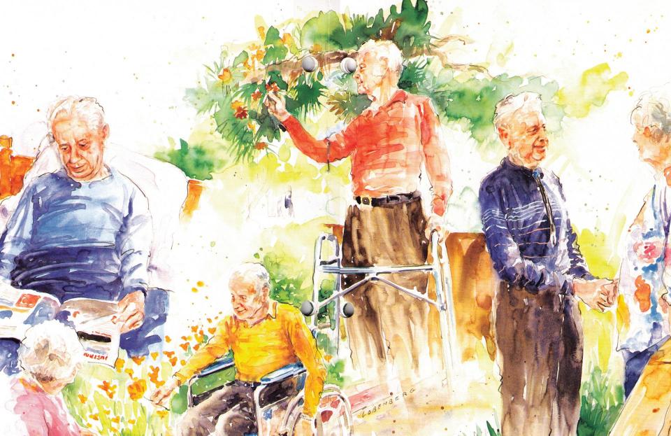 Eskaton demonstrates its continuum of care for the 1993 annual report with this painting by local artist David Lobenberg.