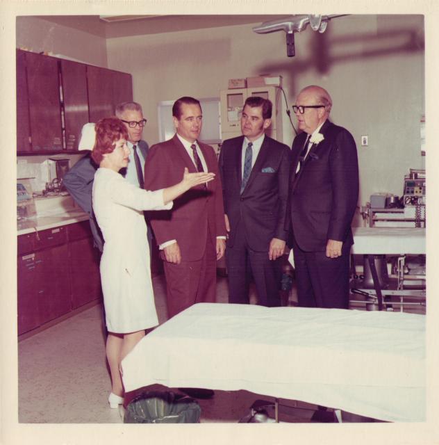 First Eskaton president Josh Wilson (second from right) with nurse, Dona Bruton and Ray Costley (second from left, among others, at the opening of the "700's" ward of American River Hospital in 1969.
